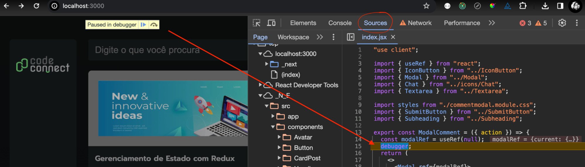 Ferramenta developer tools aberta com seta vermelha indicando metodo de debugger adicionado ao codigo.