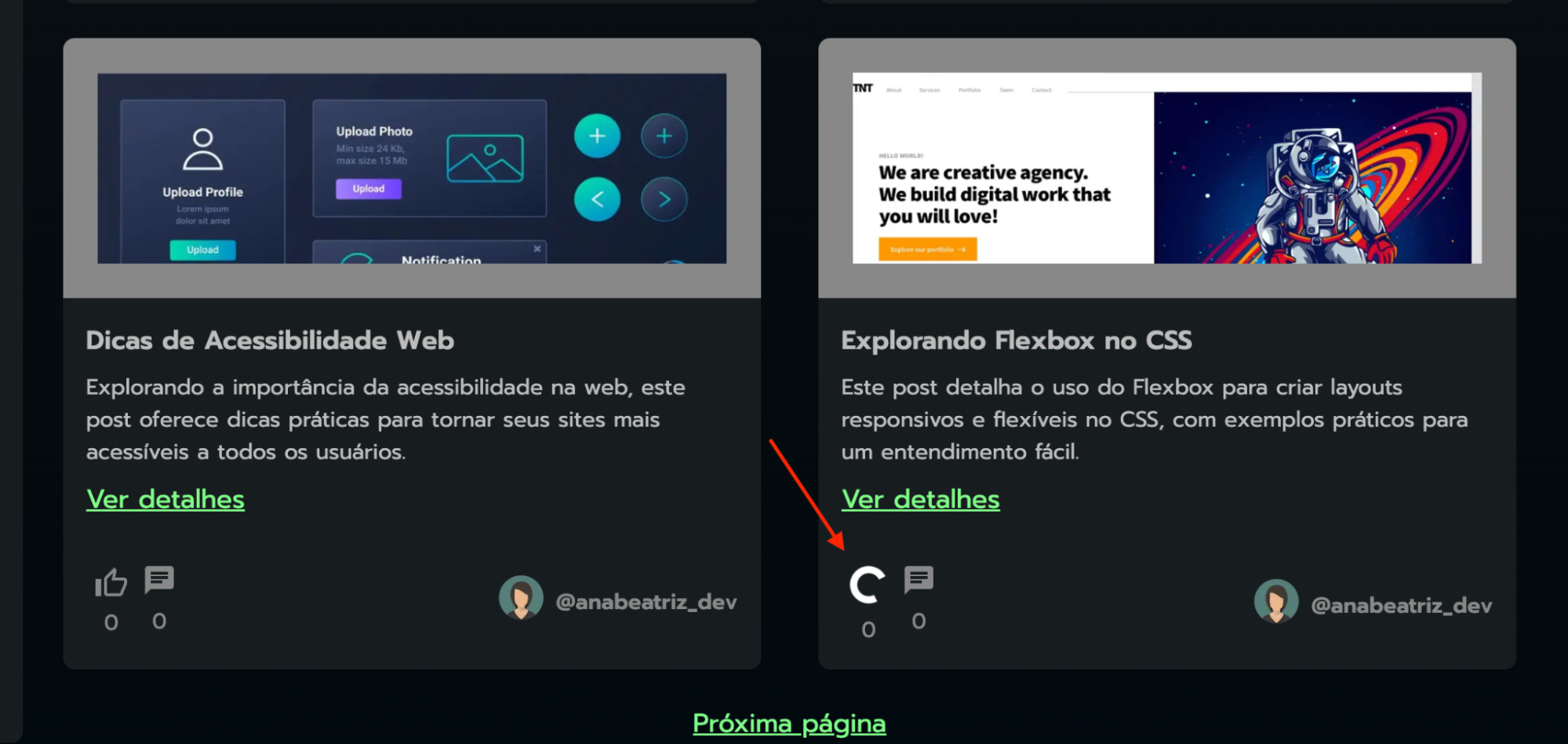 Página do blog com seta indicando o botão de carrregamento do post “Explorando Flexbox no CSS”.