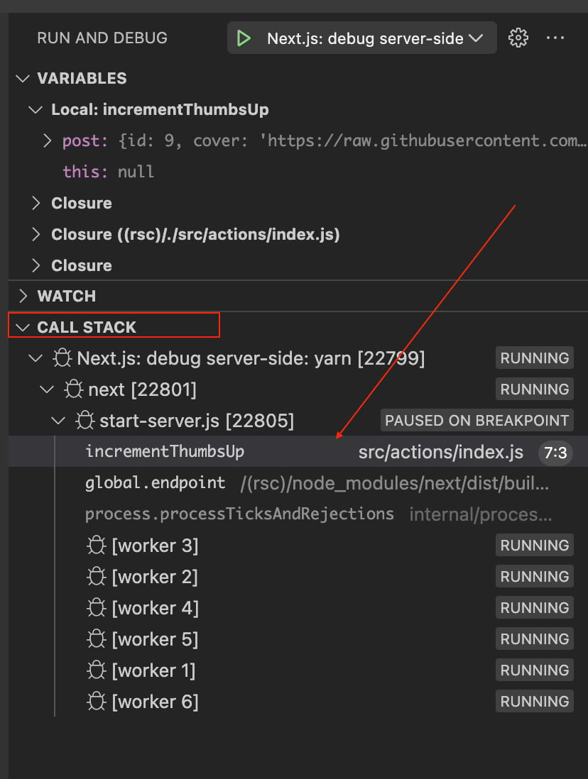 Painel de depuração aberto mostrando a tab Call Stack expandida e seta indicando o metod increment thumbs up.