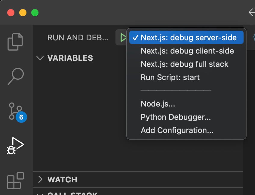 Painel de depuração aberto no VS code e  seleção de configuração Next.js: debug server-side.