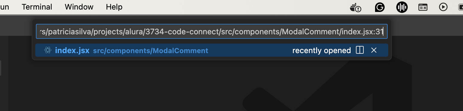 Paleta de comandos do VS code aberta com o caminho do componente modal coment.