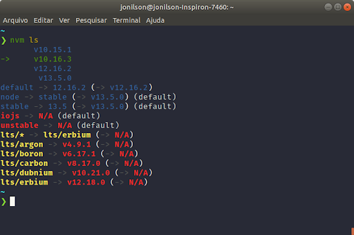 comando nvm ls