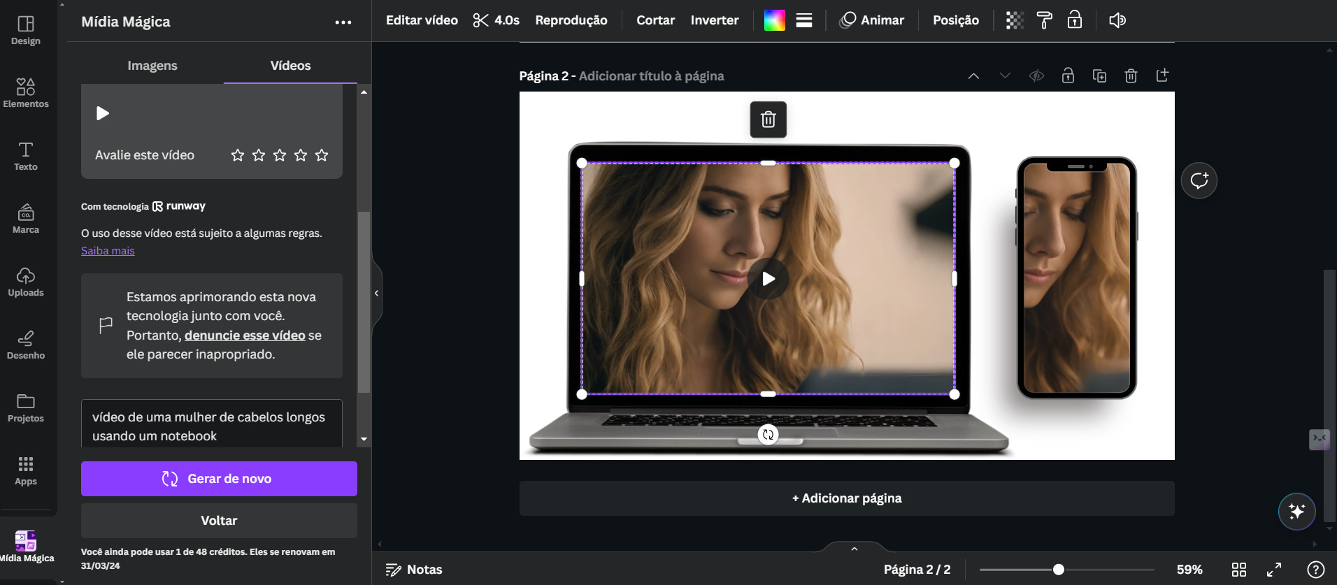 Printscreen de tela mostrando vídeo criado a ser usado em diferentes telas, no caso em notebook e smartphone.