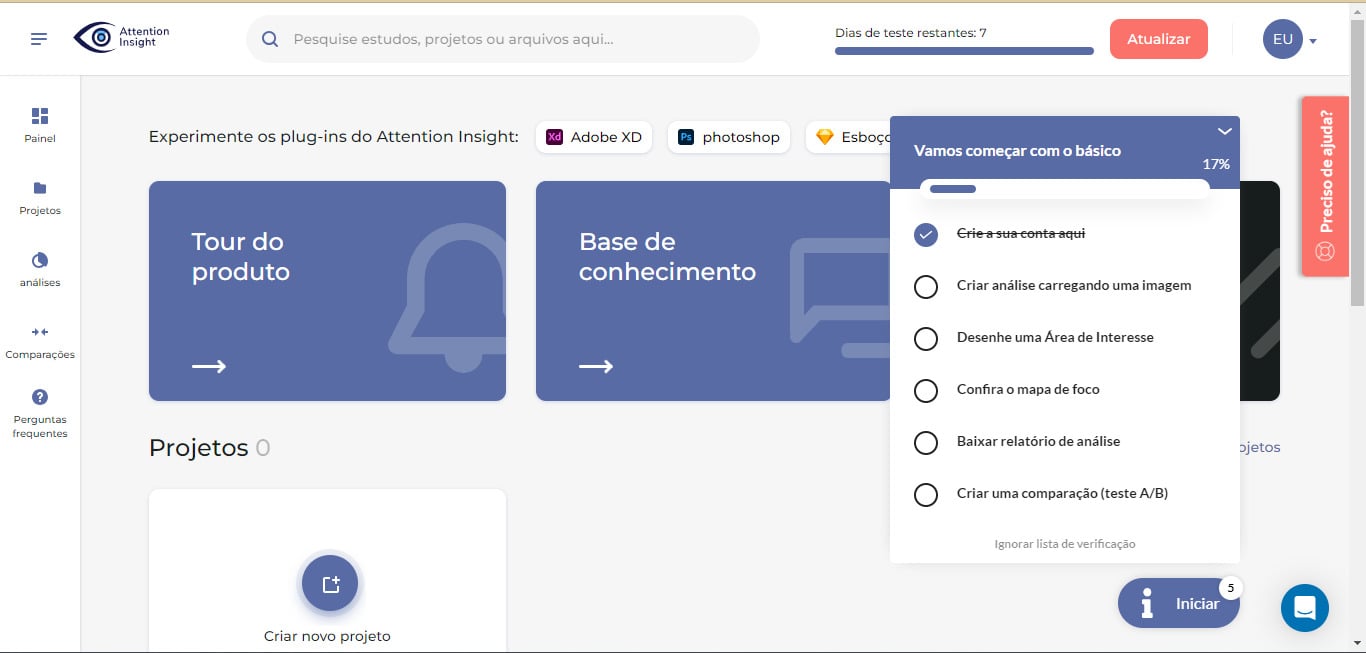 Dashboard inicial do site attention insight após a criação da conta na plataforma.