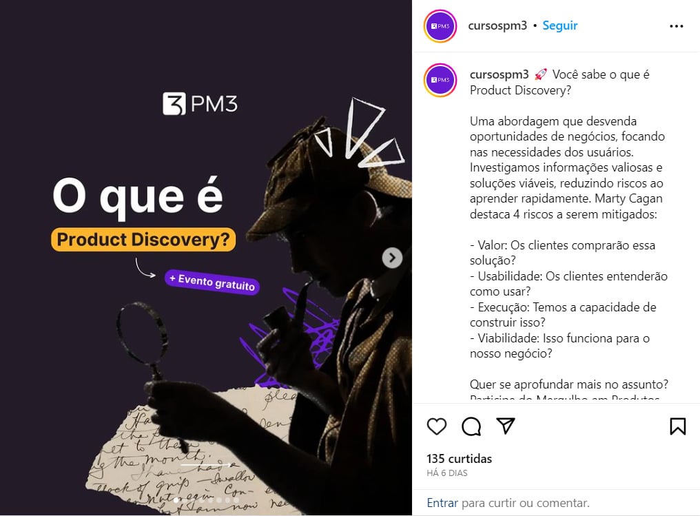 PrintScreen de Tela do Instagram da PM3 @cursospm3 em trinta de outubro de dois mil e vinte e três, com informações sobre o que é product discovery, tendo título centralizado e uma figura que remete a uma pessoa que investiga do lado direito, com a marca na parte superior centralizada.