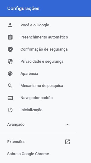 Tela mostrando as opções de Preferências no navegador web Google Chrome.