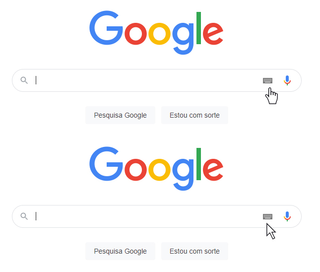 Tela os diferentes comportamentos do ponteiro do mouse quando sobreposto na seção “Ferramentas de inserção texto” na barra de busca do Google.