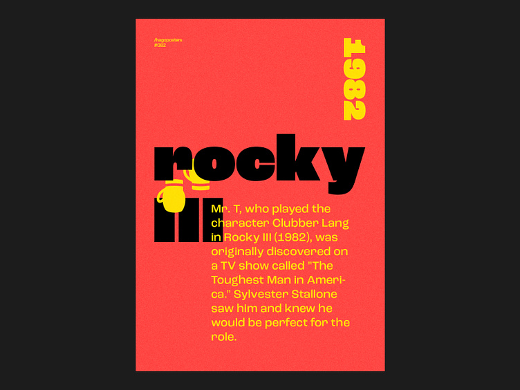 Imagem de um cartaz do filme Rocky 3. O fundo do cartaz está na cor vermelha, o título do filme da cor preta e as informações adicionais na cor amarela.