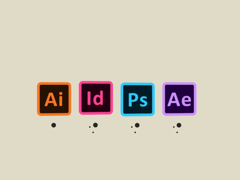 Gif animado dos ícones de algumas ferramentas da Adobe, como o Illustrator, In Design, Photoshop e After Effects.