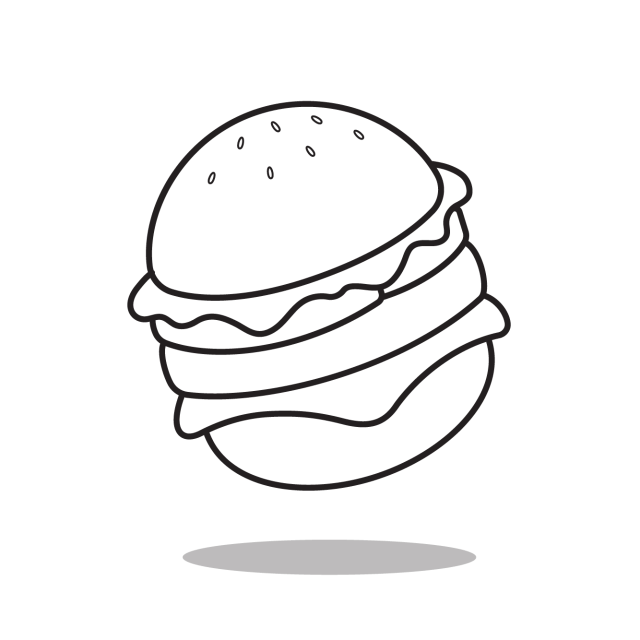 Gif animado que mostra uma ilustração de um cheeseburger sem cores, apenas com traços pretos contornando-a. Ela é substituída por uma versão da mesma ilustração agora colorida.