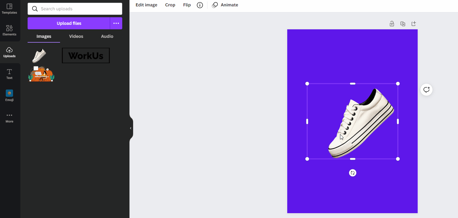 Gif que mostra o menu no canto esquerdo da tela, mostrando os controles de sombra na imagem que está no canto direito: um tênis branco e um fundo roxo. A sombra do tênis é projetada na sola, abaixo da imagem.