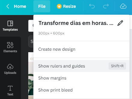 Imagem que mostra uma print menu “File” no Canva e a opção “show rulers and guides”.