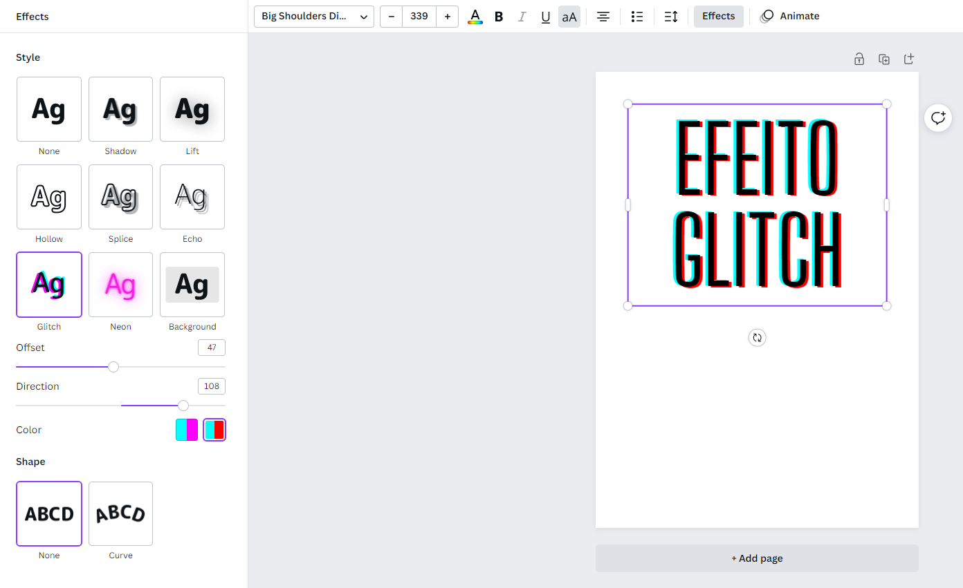 Imagem que mostra o texto “efeito glitch” no canto direito da tela e no canto esquerdo, o menu de fontes e efeitos.