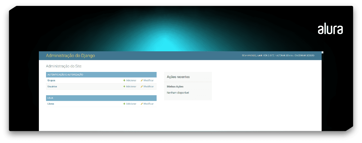 Print de uma tela de navegador do Google Chrome na cor branca. Temos uma tela de administrador com a parte superior azul escrito com “Administração do Django” escrito com letras brancas no canto superior esquerdo. No canto superior direito temos algumas informações de “Bem-vindo, Laís” e opções de “Ver Site”, “Alterar Senha" e “Encerrar Sessão”. Na tela temos um menu com informações de grupos, usuários e livros. A imagem apresenta um fundo verde-escuro e uma iluminação verde clara centralizada no meio da imagem. No canto superior direito temos a logo da Alura.