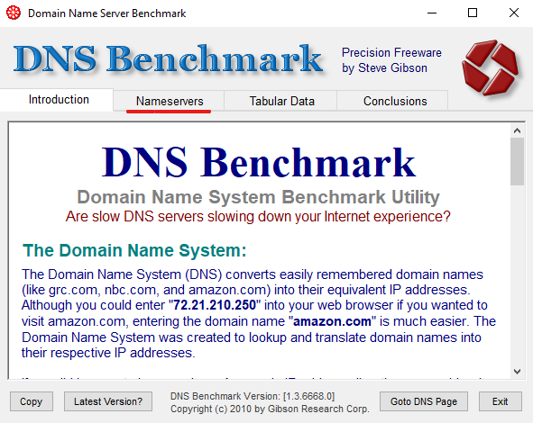 Janela do programa DNS Benchmark.