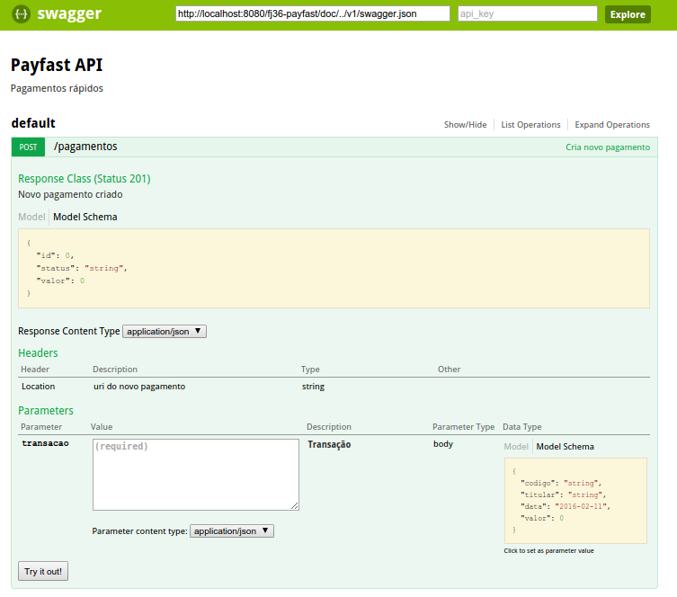 Exemplo de Swagger UI para a Payfast API