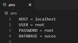 Imagem que mostra o print do arquivo .env. É exibido o conteúdo desse arquivo, que possui quatro variáveis de ambiente com seus respectivos valores. Cada variável se encontra em uma linha do arquivo. A variável HOST tem o valor localhost. A variável USER possui o valor root. A variável PASSWORD também possui o valor root. E por fim a variável DATABASE possui o valor sucos. Todo o texto do arquivo possui a cor branca.