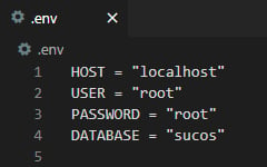 Imagem que mostra um print do arquivo .env. É exibido o conteúdo desse arquivo, que possui quatro variáveis de ambiente com seus respectivos valores. Cada variável se encontra em uma linha do arquivo. Os valores das variáveis se encontram entre aspas duplas. Todo o texto do arquivo possui a cor branca.