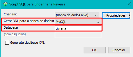 Print da janela Script SQL para Engenharia Reversa, em que a opção Gerar DDL para o banco de dados e a opção Database, estão destacadas com um retângulo vermelho sem preenchimento.