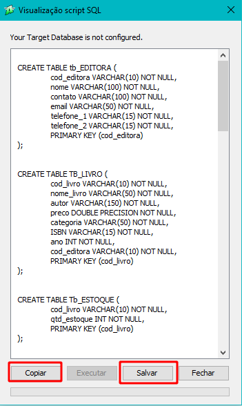 Print da janela Visualização script SQL, na qual o botão copiar e o botão salvar, localizados na parte de baixo, após a visualização do código, estão destacados com um retângulo vermelho sem preenchimento.