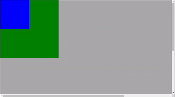 Imagem do tipo gif com dois quadrados (um verde maior e outro azul menor sobreposto) em uma tela de fundo cinza. A animação inicia com os dois posicionados no canto superior esquerdo da tela e permanecem estáticos quando habilita a rolagem da tela de cima para baixo e da esquerda para direita.