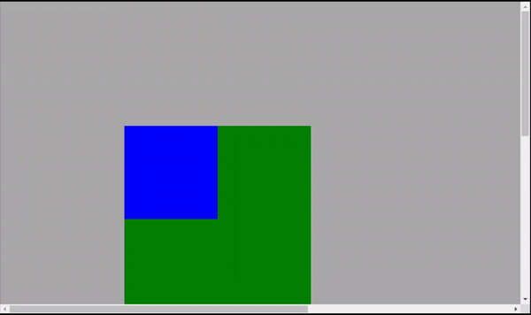 Imagem do tipo gif com dois quadrados (um verde maior e outro azul menor sobreposto) em uma tela de fundo cinza. A animação inicia com os dois posicionados no centro inferior da tela e permanecem fixos em relação ao rolamento da página de cima para baixo e da esquerda para direita.