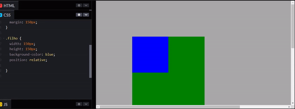 Imagem do tipo gif com dois quadrados (um verde maior e outro azul menor sobreposto) em uma tela de fundo cinza. No lado esquerdo, a tela de código CSS da tela. A animação inicia com os dois quadrados posicionados no centro inferior da tela, com o azul encostado nas laterais do canto superior esquerdo do verde. Ao escrever `top: 50px`, o quadrado azul se move para baixo. Em seguida, ao escrever `left: 50px`, ele se move para a direita.