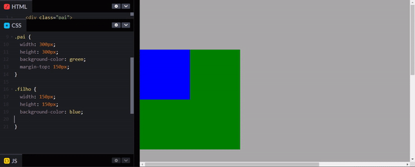 Imagem do tipo gif com dois quadrados (um verde maior e outro azul menor sobreposto) em uma tela de fundo cinza. No lado esquerdo, a tela de código CSS da tela. A animação inicia com os dois quadrados posicionados ao lado esquerdo da tela, com o azul encostado nas laterais do canto superior esquerdo do verde. Ao escrever `position:absolute`e `top: 50px`, o quadrado azul se move para cima. Em seguida, ao escrever `left: 50px`, ele se move para a direita do topo da página.