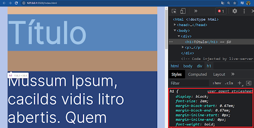 Navegador dividido em duas partes: a primeira exibe o resultado do código CSS logo acima e a segunda exibe o console da ferramenta DevTools Google Chrome #inset