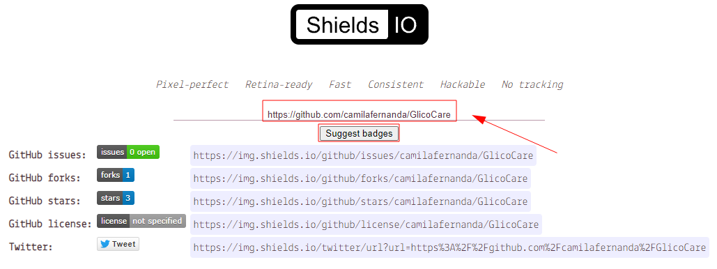 Página do Shields.io com o repositório GlicoCare na barra de pesquisa em destaque, bem como o botão de pesquisa “Suggest badges”, onde se teve como resposta 5 badges e seus respectivos links, sendo GitHub Issues, GitHub Forks, GitHub Stars, GitHub license e Twitter.