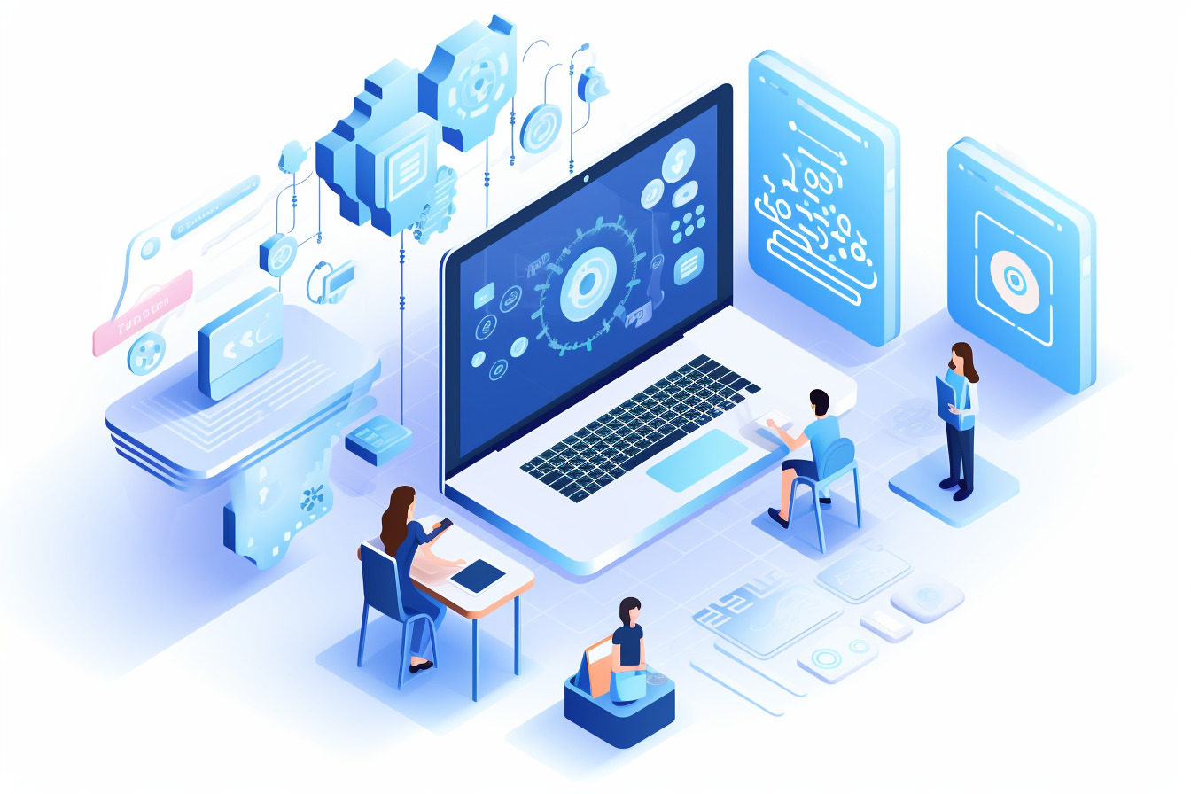 A imagem em tons na cor azul, mostra um notebook maior que todos os outros elementos na figura e está no centro. Ao redor há algumas pessoas, uma em frente ao computador, outra ao seu lado, ao lado esquerdo uma pessoa sentada a uma mesa e ao seu lado alguém com compras. Há também na cena algumas figuras geométricas que sugerem componentes eletrônicos.