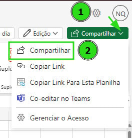 Captura de tela do botão compartilhar que está no canto superior direito do Excel online. A opção de compartilhar está destacado por um retângulo verde.