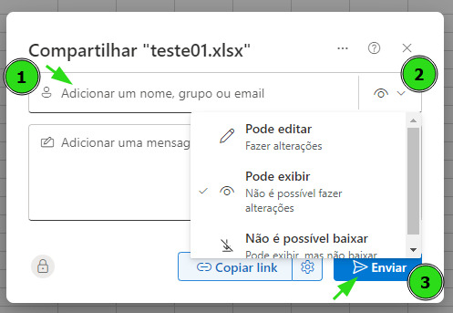 Captura de tela do painel do Excel mostrando a janela com as configurações de compartilhamento por enviar como mensagem.