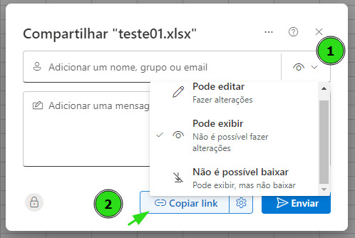 Captura de tela do painel do Excel mostrando a janela com as configurações de compartilhamento por link.