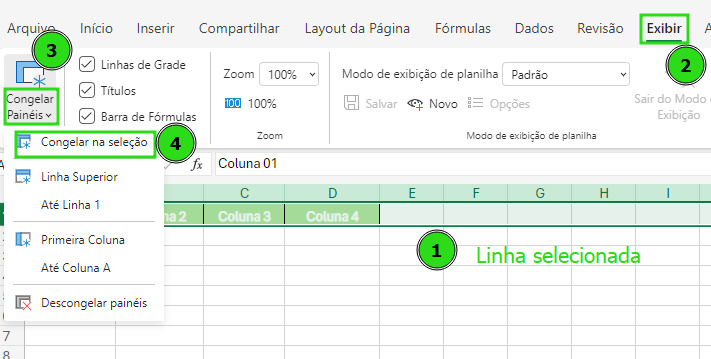 Captura de tela do painel do Excel Online ilustrando os passos de como congelar linha.