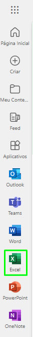 Captura da tela lateral esquerda do Microsoft 365, contendo as opções de interação para criação de novos projetos, pastas e ferramentas do pacote Office. O ícone do Excel Online está destacada por um quadrado verde.
