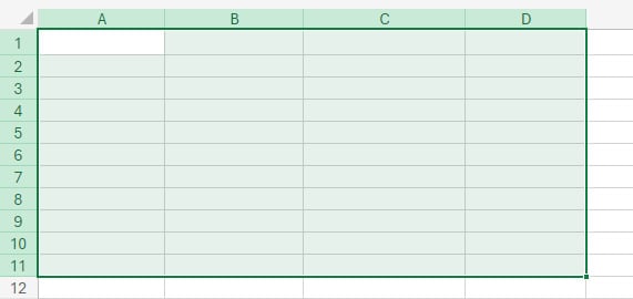 Captura de tela mostrando células e linhas selecionadas de A:D e 1:11, na planilha no Excel Onine. 