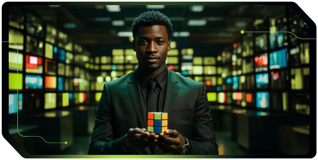 Imagem com um homem ao centro segurando um cubo mágico. Ao fundo da imagem, há uma série de telas com diferentes representações numéricas.