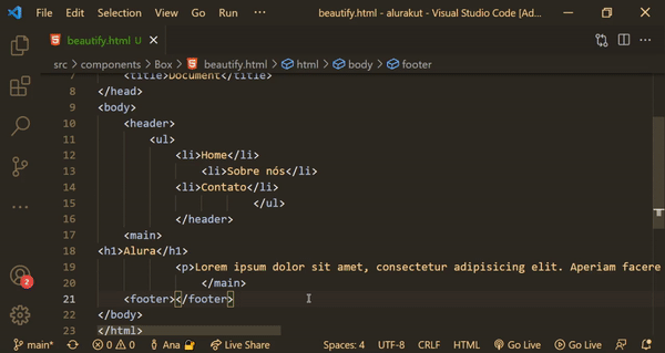 Linhas de código html são selecionadas, o cursor do mouse vai até o campo de pesquisa e digita >, uma caixa de opções é aberta e é clicado na opção Beautify Selection, em seguida o trecho de código selecionado fica indentado.