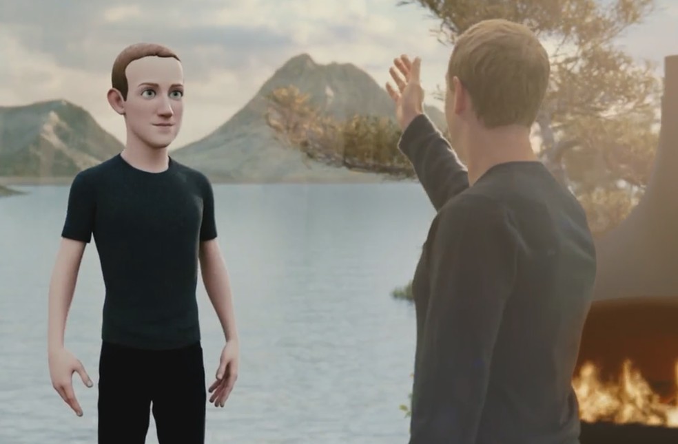 Zuckerberg e seu avatar ao apresentar o metaverso do Facebook. — Foto: Reprodução