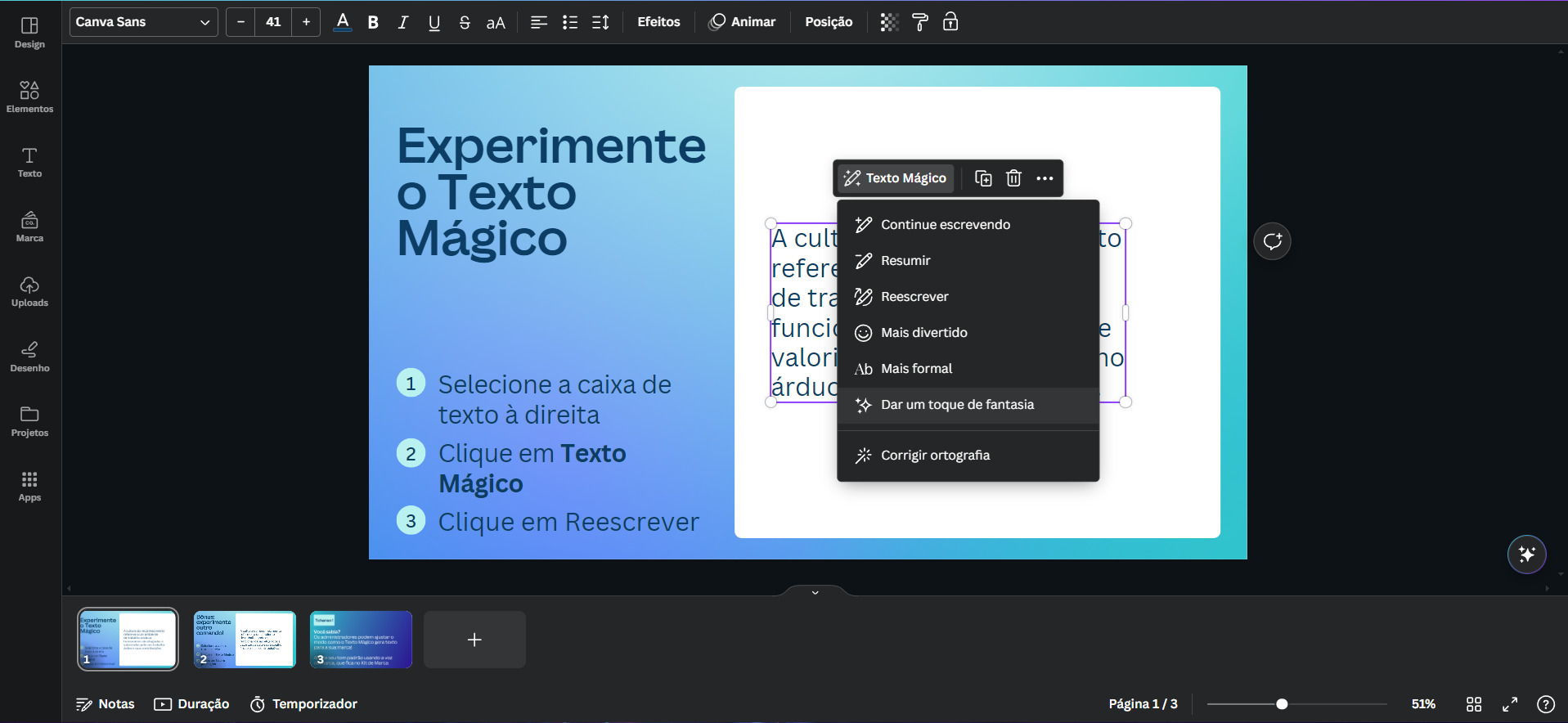 PrintScreen da ferramenta Texto Mágico do Canva com texto selecionado e opções visíveis.
