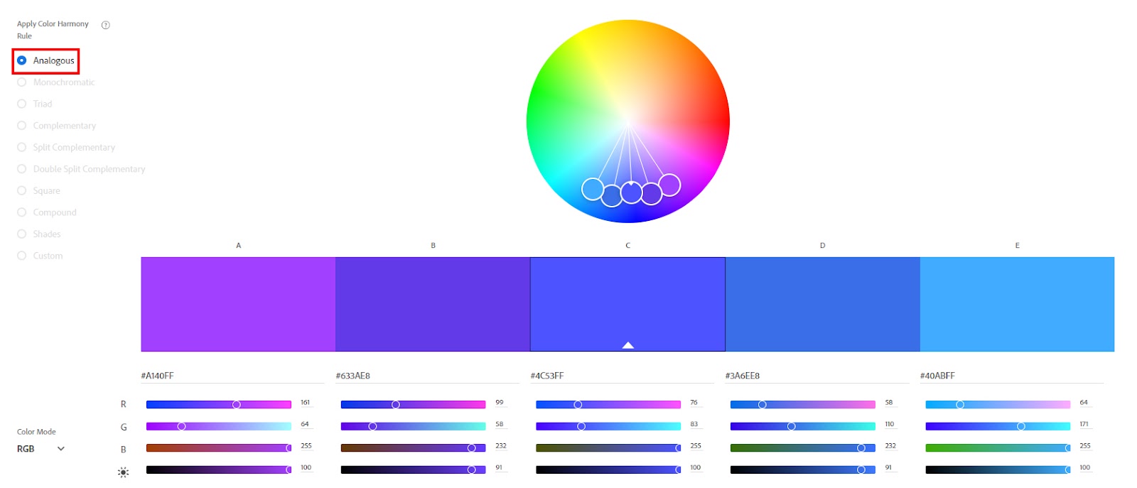 Imagem que mostra, na página Adobe Color, o círculo cromático com a opção de Cores análogas selecionada.