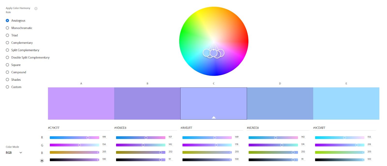 Imagem que mostra, na página Adobe Color, o círculo cromático com a opção de saturação selecionada em 60%.