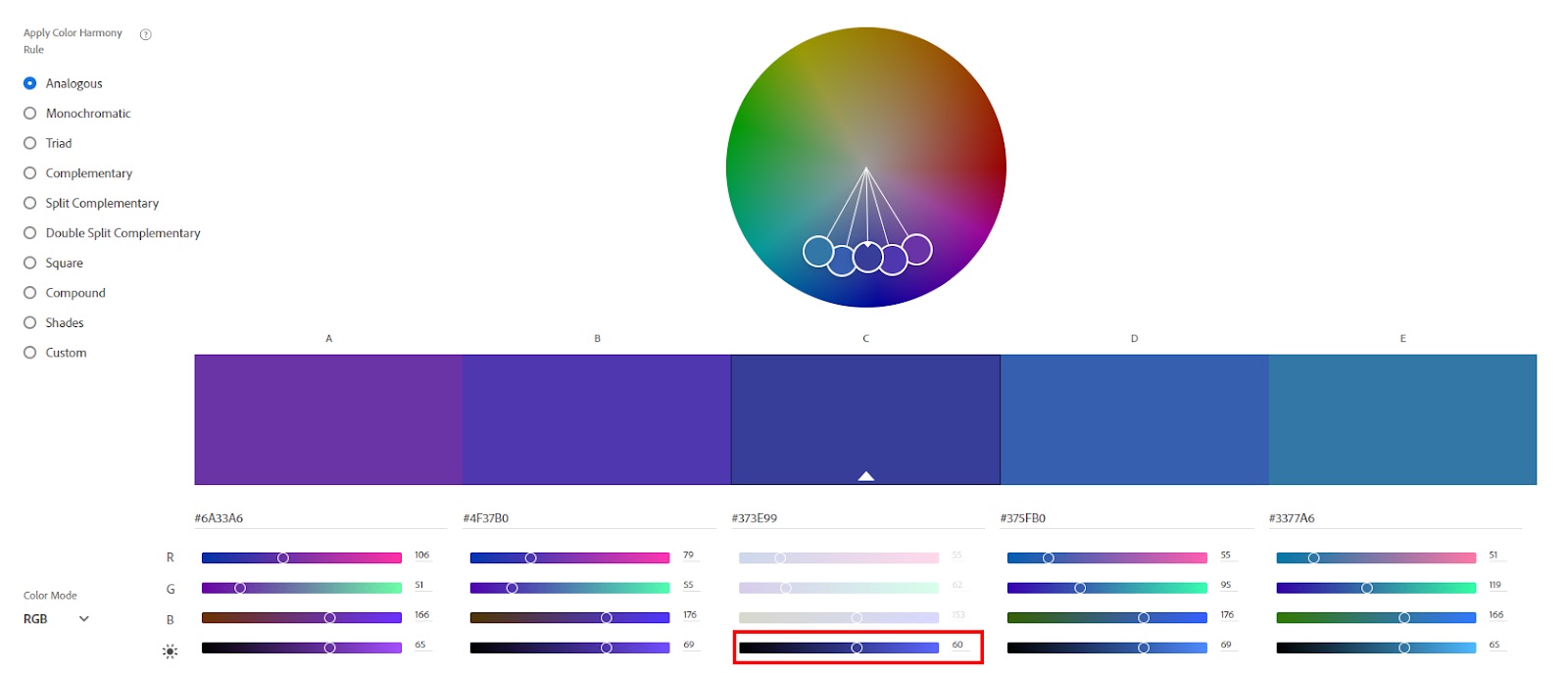 Imagem que mostra, na página Adobe Color, o círculo cromático personalizado na opção de Brilho, com cores mais escuras.