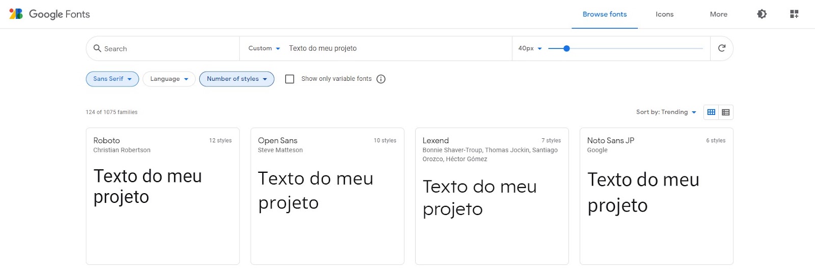 Imagem de uma tela do Google Fonts, que apresenta como ficariam aplicadas as fontes Roboto, Open Sans, Lexend e Noto Sans JP.