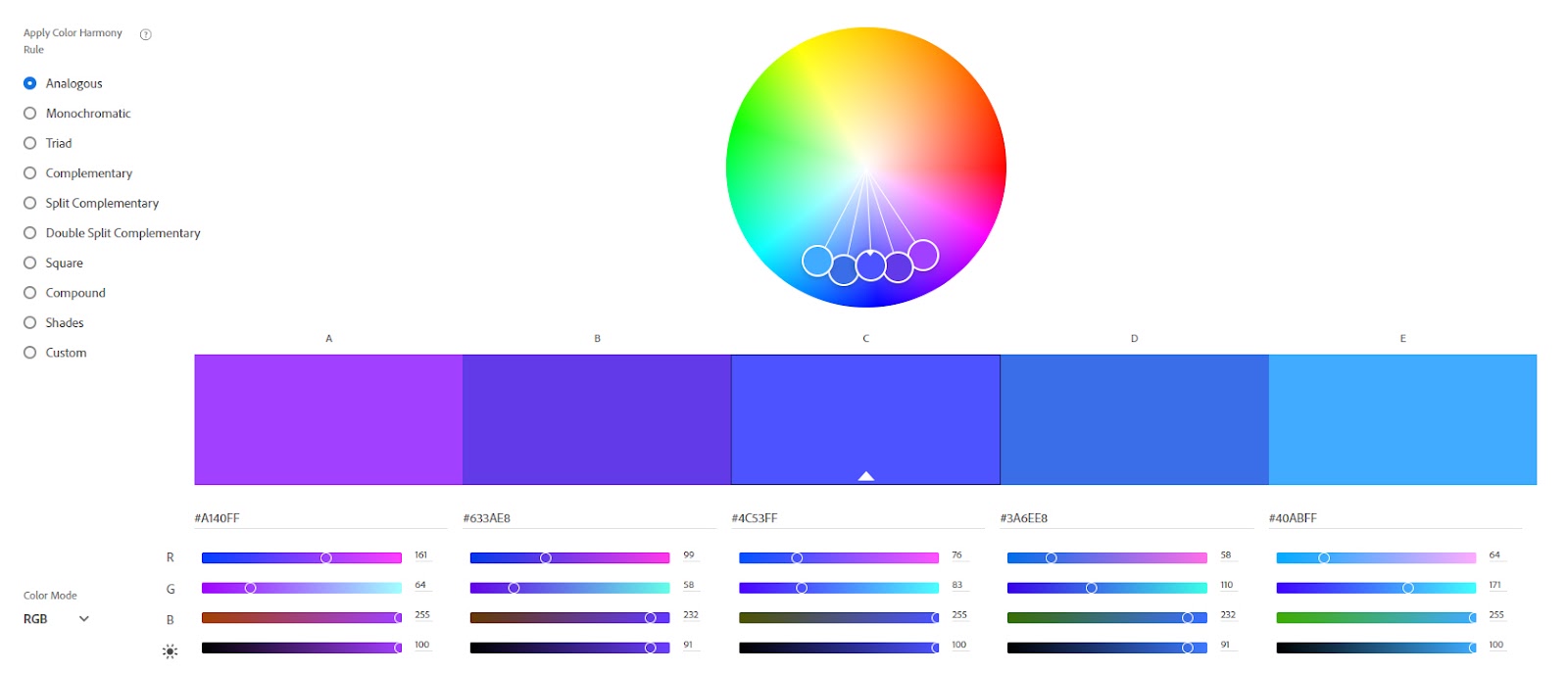 Imagem que mostra a página inicial do site Adobe Color. Na parte central e superior da imagem, há um círculo de cores utilizado para a pesquisa de paleta de cores.