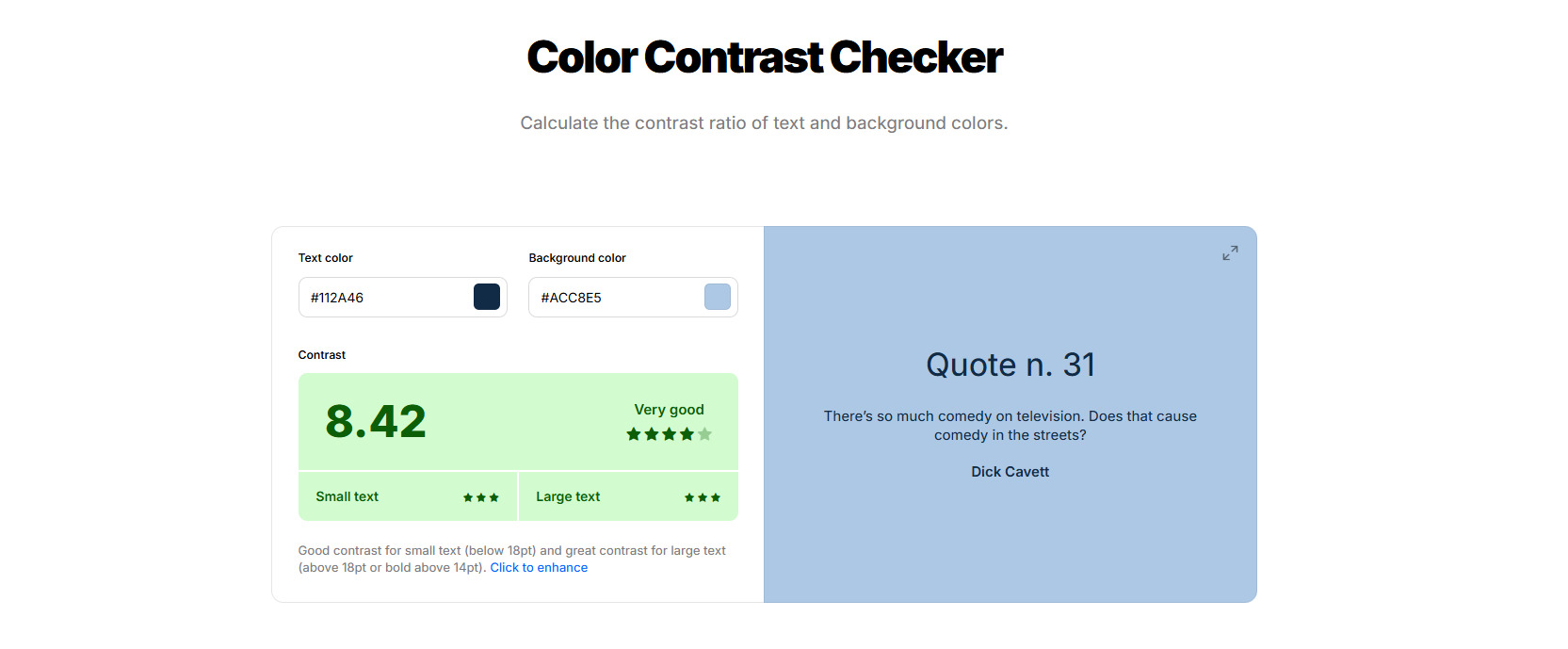 A imagem mostra o "Color Contrast Checker" avaliando a razão de contraste entre texto (#112A46) e fundo (#ACCBE5), mostrando uma pontuação de 8.42 ("Very good") com prévia da aparência do texto.