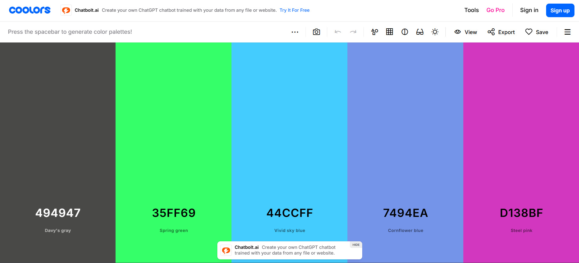 Imagem do Coolors  com uma paleta de cinco cores (cinza, verde, dois tons de azul e rosa) e seus códigos hexadecimais em inglês. A ferramenta permite criar, visualizar e exportar esquemas de cores para projetos de design.