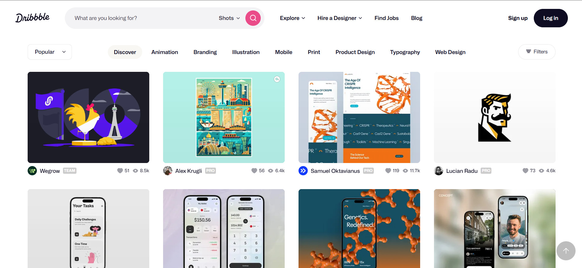 A imagem mostra o Dribble, que possui uma interface de navegação com barras de menu, opções de login e uma grade de projetos criativos em destaque. Cada projeto apresenta contadores de visualizações e curtidas, com trabalhos de diversos artistas e designers.