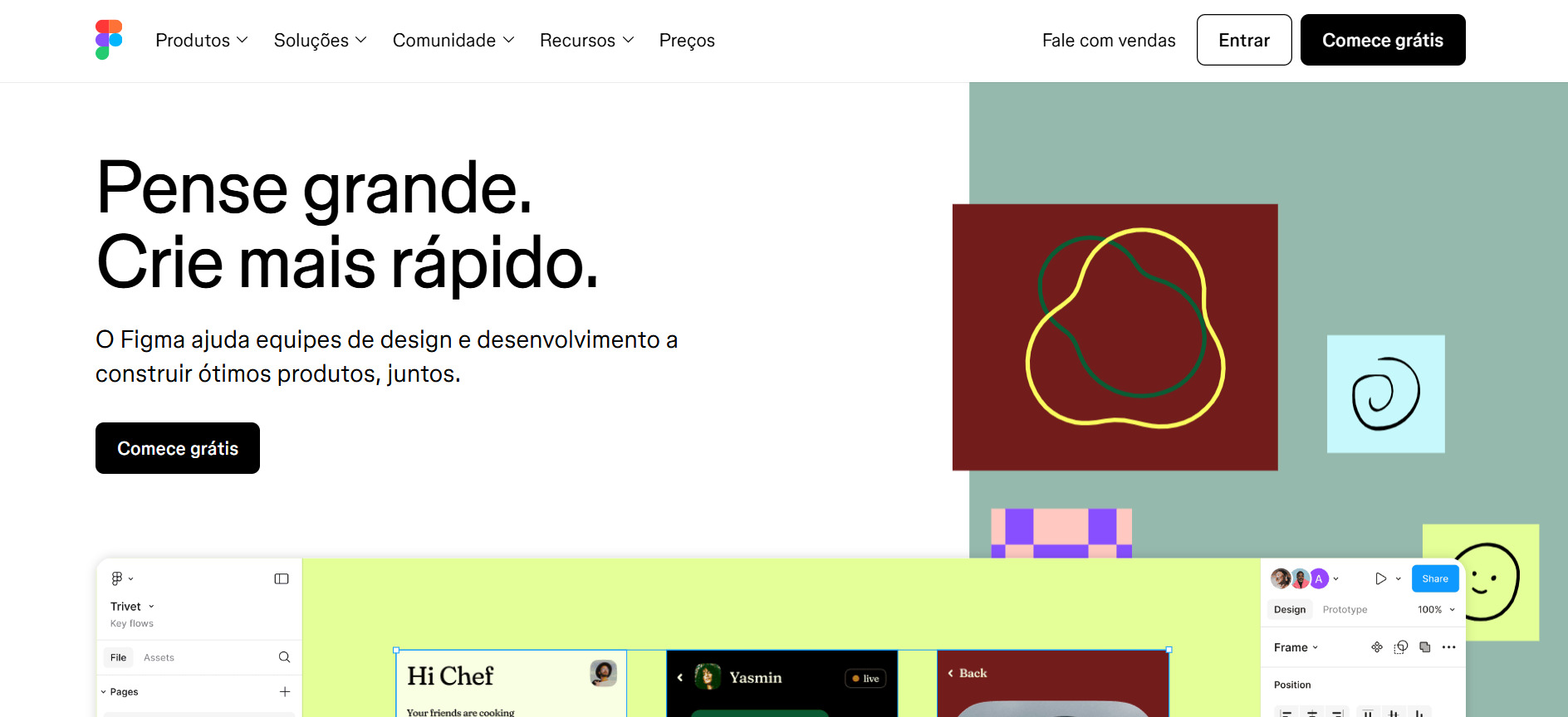 A imagem exibe a página inicial do Figma, o site apresenta um fundo claro com o slogan "Pense grande. Crie mais rápido." e destaca sua proposta de colaboração para equipes de design e desenvolvimento.